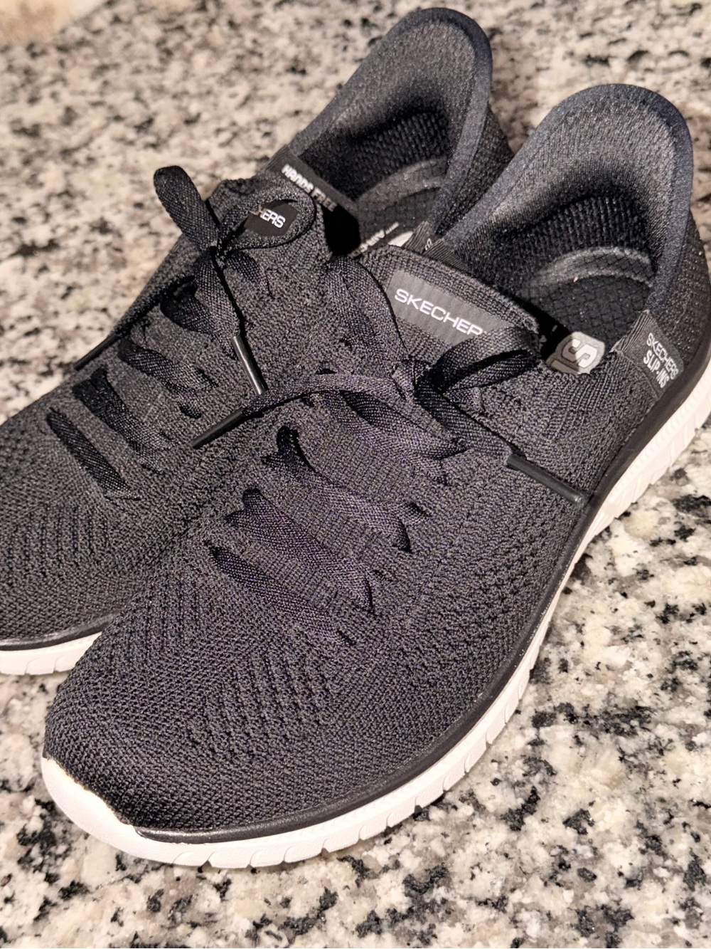 Skechers Black and White Knit Slip-On Athletic Sneakers